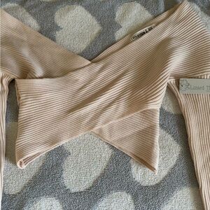 Lizard Thicket Ribbed Knit Wrap Off-the-Shoulder Sweater